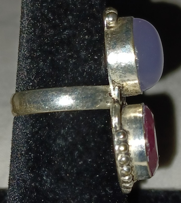 lavender and dark pink cabochon silver ring approx size 5