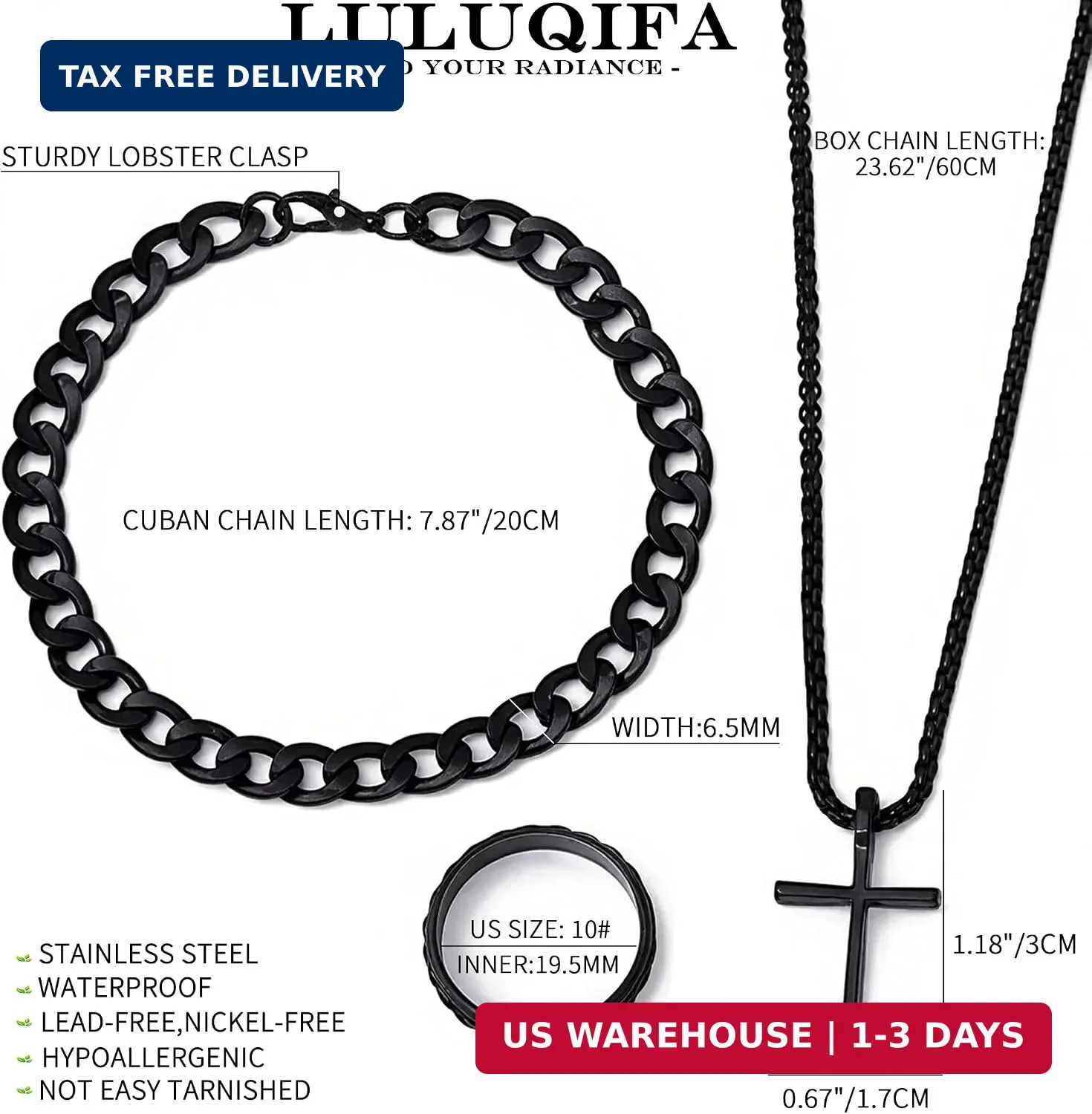 3-Piece Cross Pendant Necklaces Bracelets Rings Jewelry Sets for Men Women,Cuban