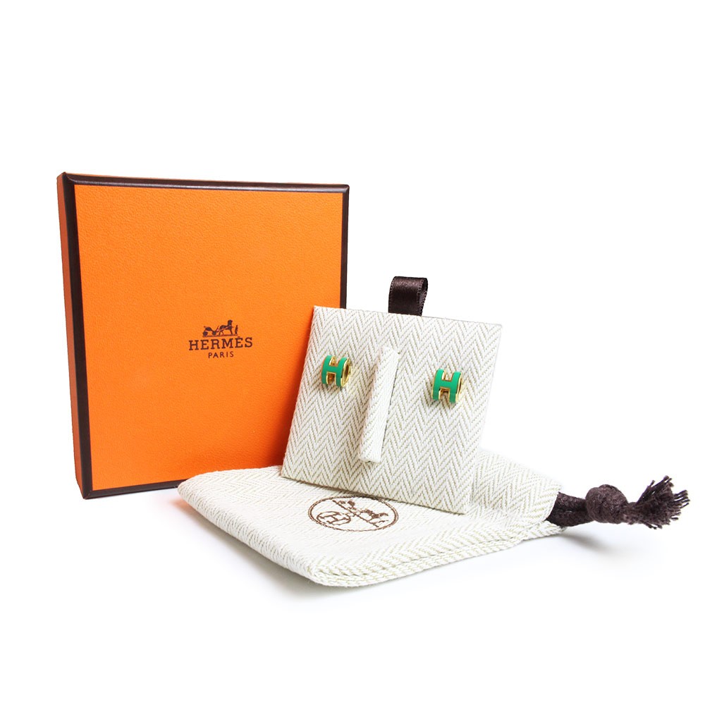 HERMES Mini Pop H Earings lacquered metal & Gold Plated , Malachite