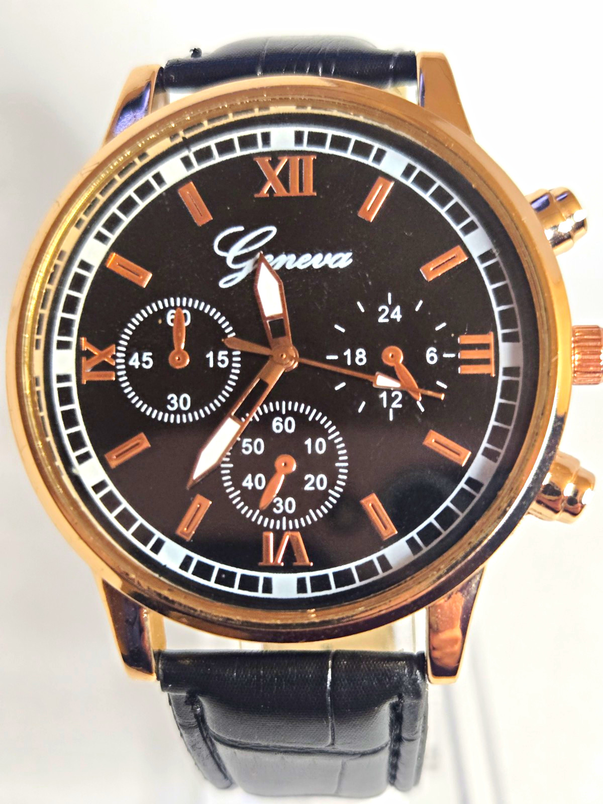 Geneva Men’s Quartz Analog Dress Watch Black Dial Rose Gold Case Leather Strap