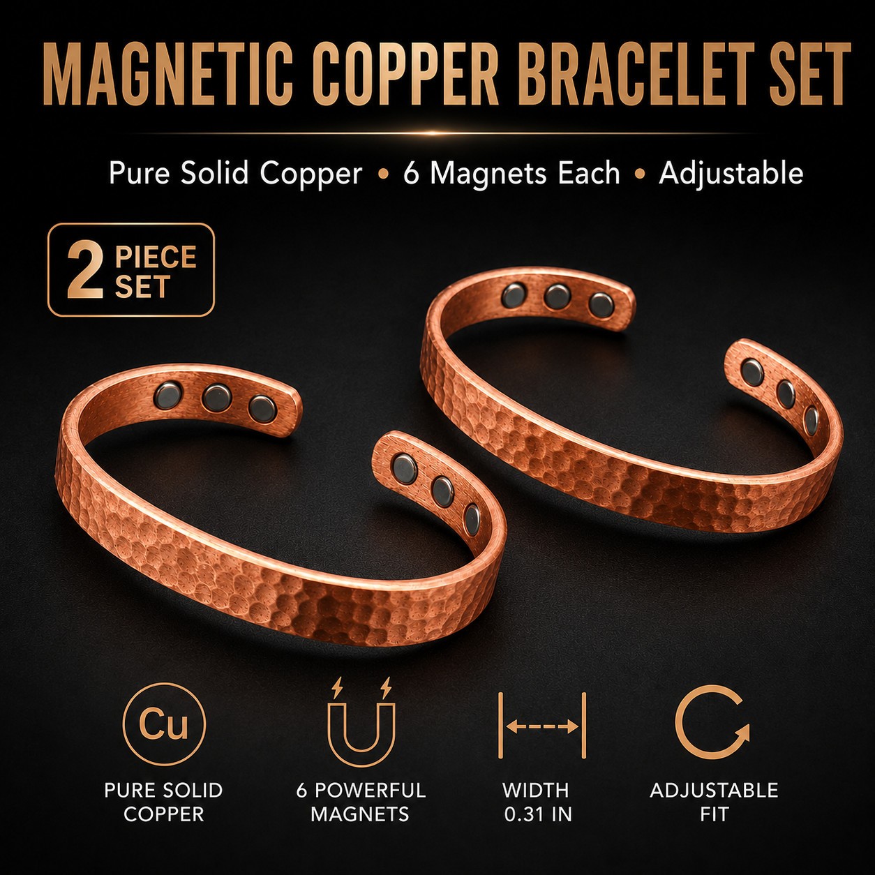 2Pcs Magnetic Copper Bracelet Set Pure Solid Copper 6 Magnets Adjustable Cuff