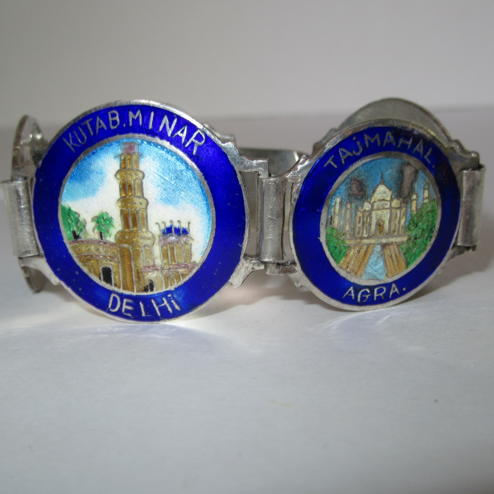 VTG Art Deco Silver Enamel India Souvenir Bracelet Taj Mahal Golden Temple Delhi