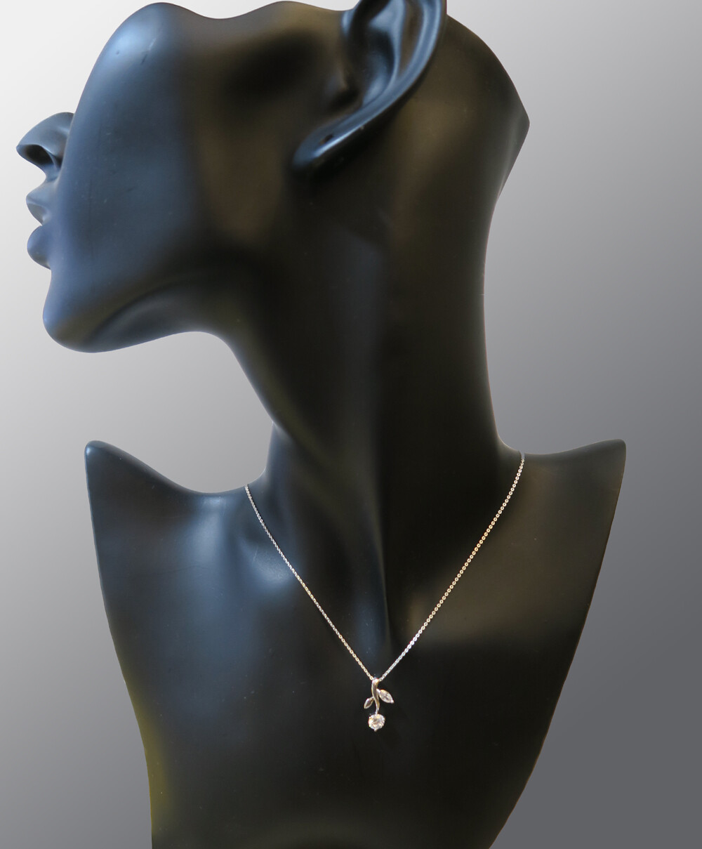 925 REAL SILVER RHODIUM PLATED *** Flower Branch Cubic Zirconia Pendant 18mm + Chain