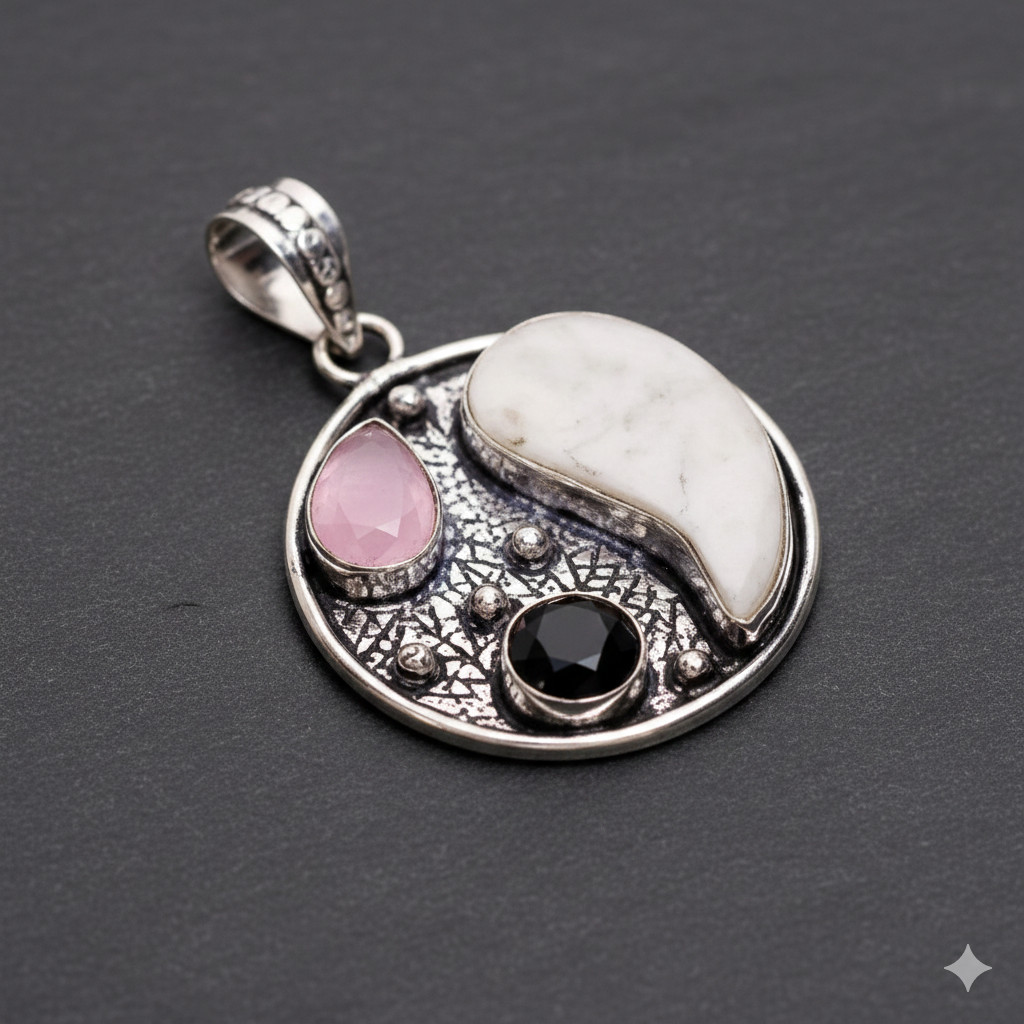 Artisan Howlite Rose Quartz Onyx Pendant 925 Silver Vintage Style 2.2″ AAP-604