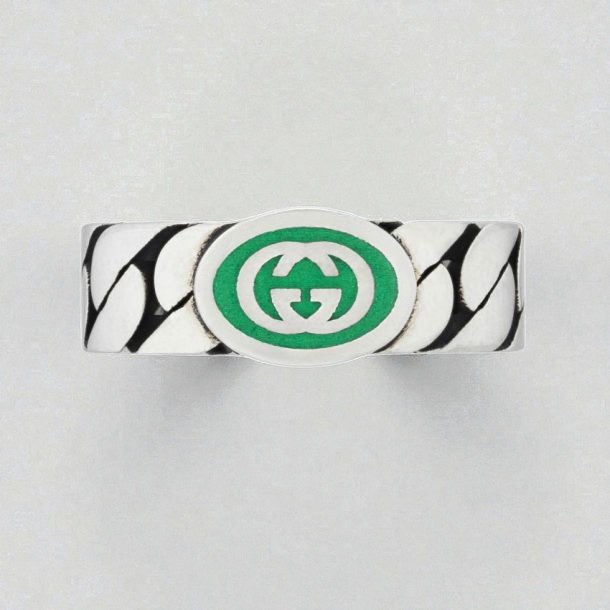 New Gucci Interlocking G Green Enamel Sterling Silver Ring Size IT14 US6.75