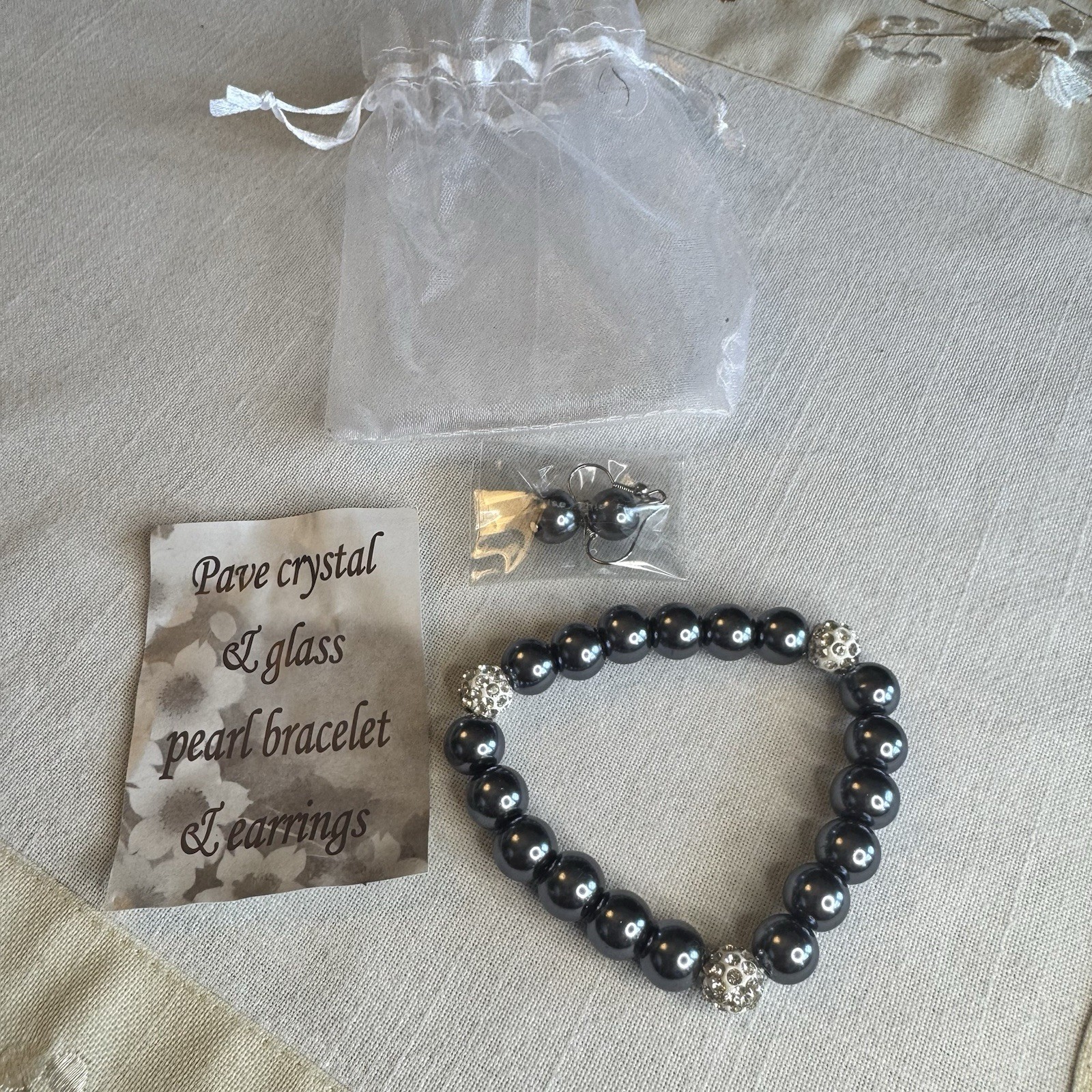 Pave and Crystal Pearl Bead Bracelet and Earring Set NEW