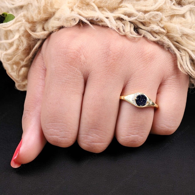 Blue Sandstone Moon Star Ring | Gold Plated Celestial Jewelry Gift for Her