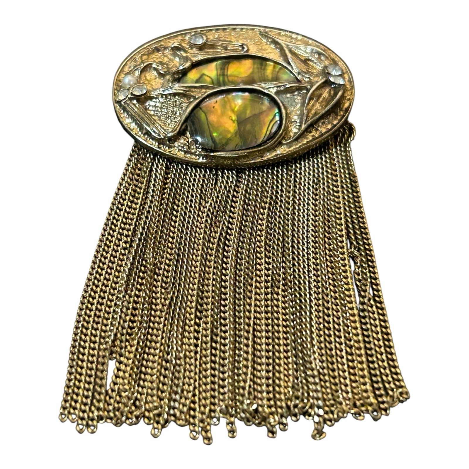 Vintage Art Nouveau Fringe Brooch Abalone Shell Gold Tone 3.5in