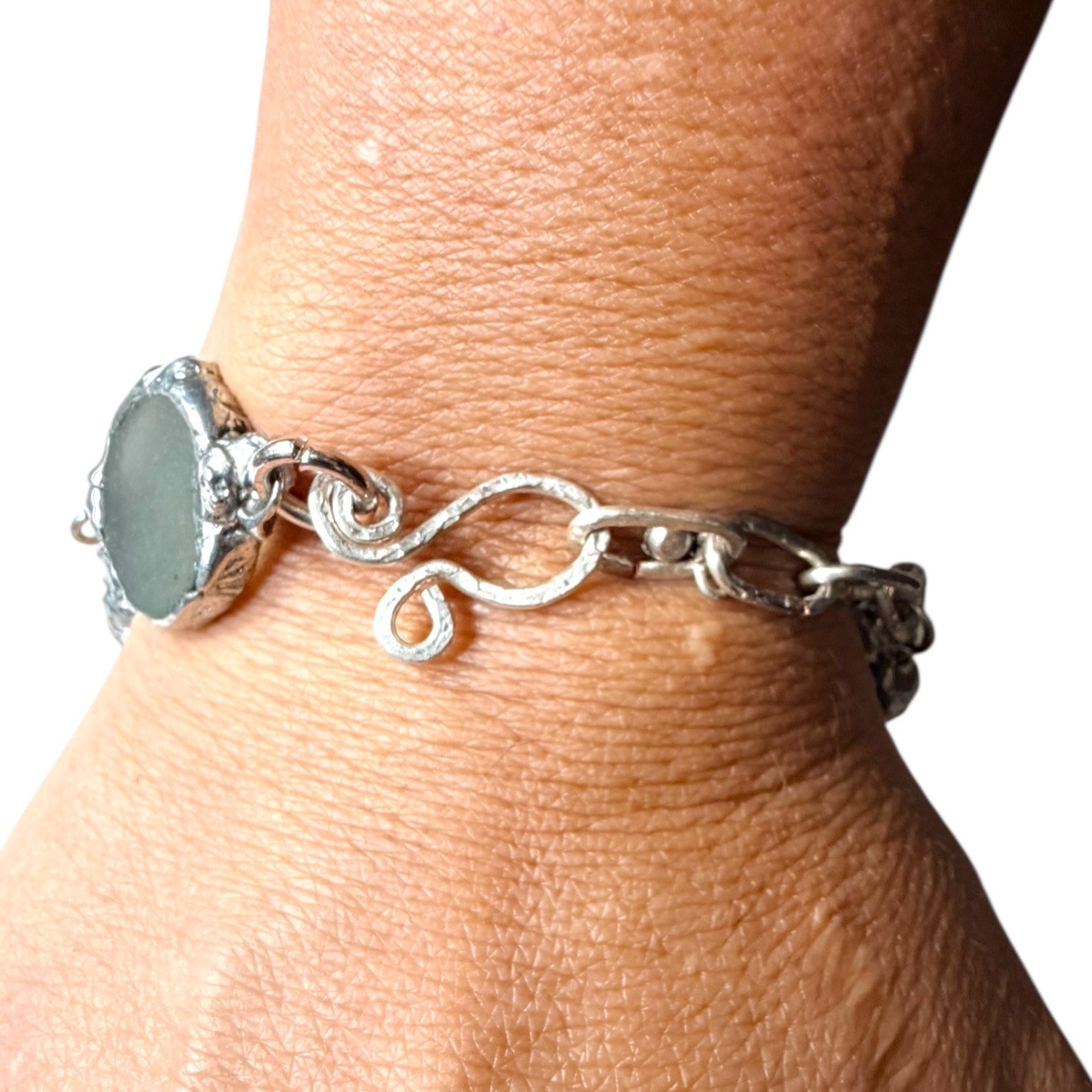Handcrafted Sea Glass & Silver Blend Hammered Bracelet With Unique Findings