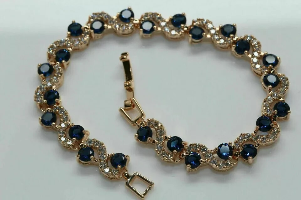 6Ct Round Cut Blue Sapphire Twisted Bracelet 14k Yellow Gold Finish Women 7.5″