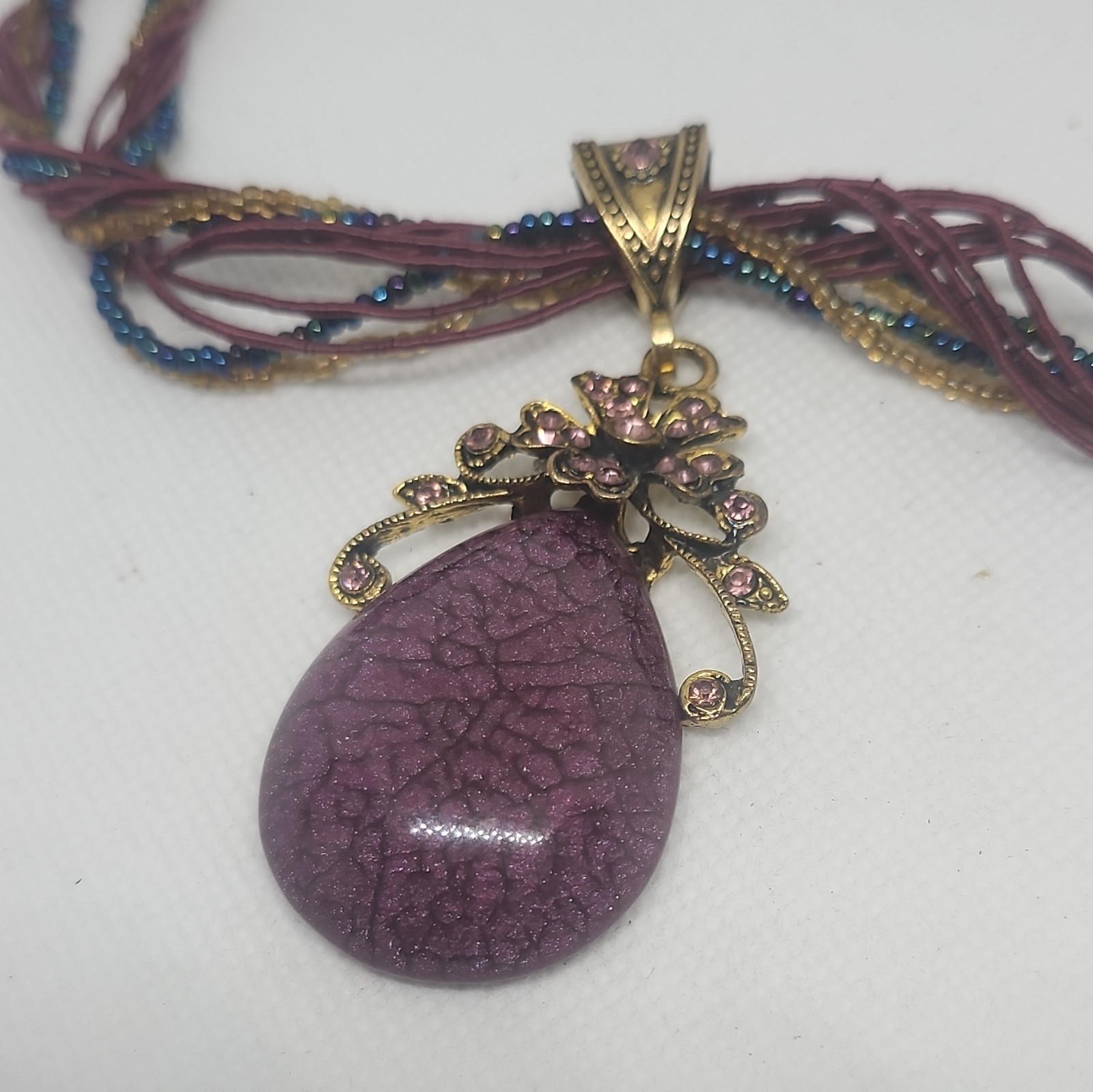 Multi-Strand Beaded Cord Necklace Purple Teardrop Charm Pendant Adjustable
