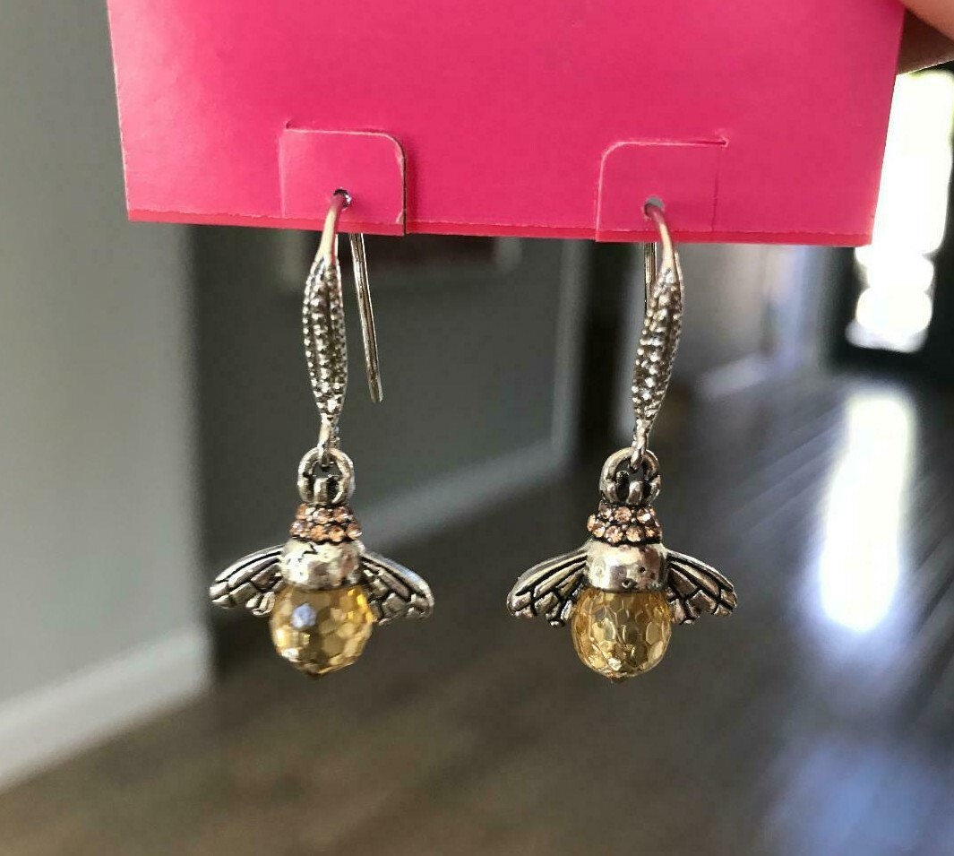 US Seller Betsey Johnson Silver Amber Crystal Bee Dangle Earrings Acrylic