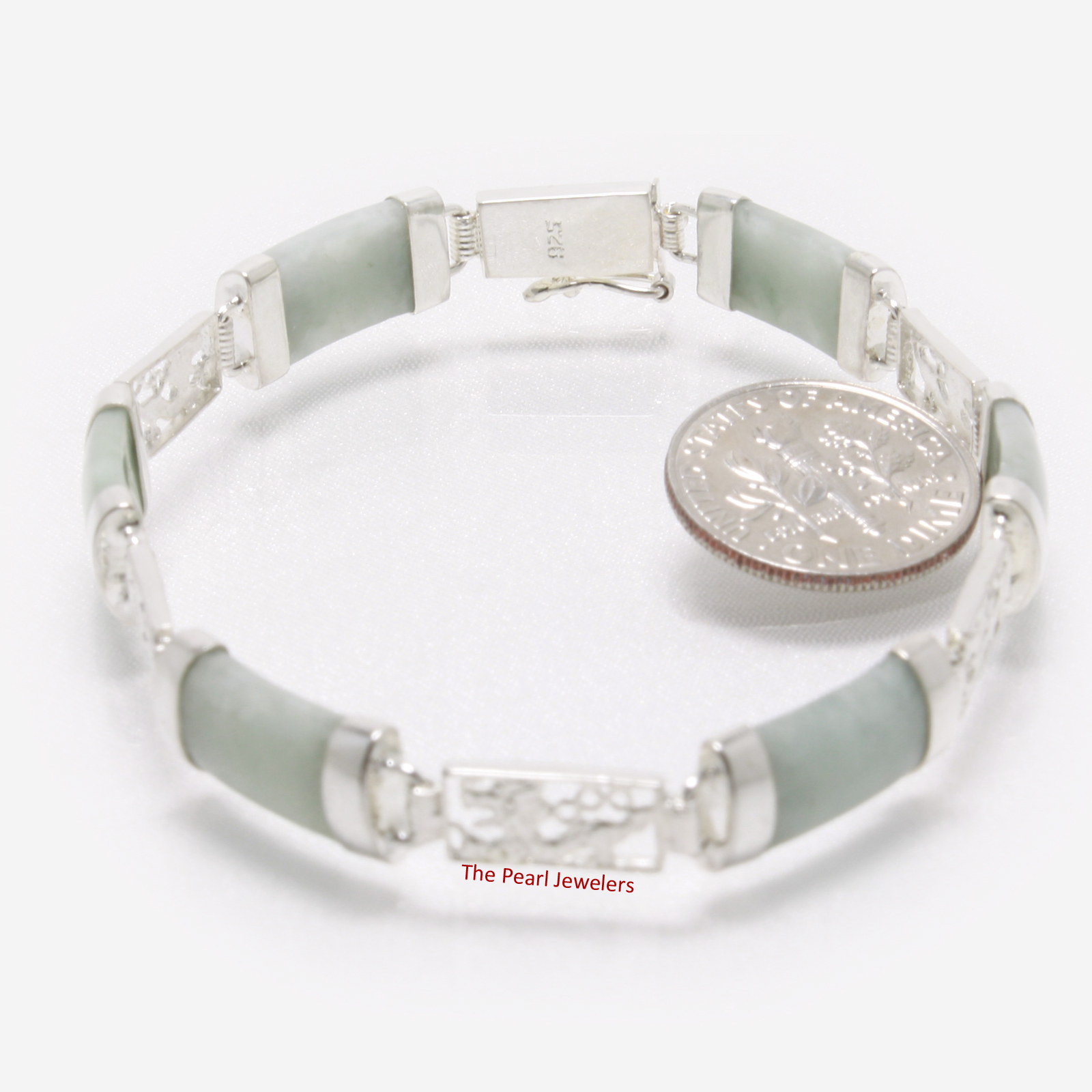 Celadon Jade Bracelet with 925 Sterling Silver Dragon Engraved Links – TPJ