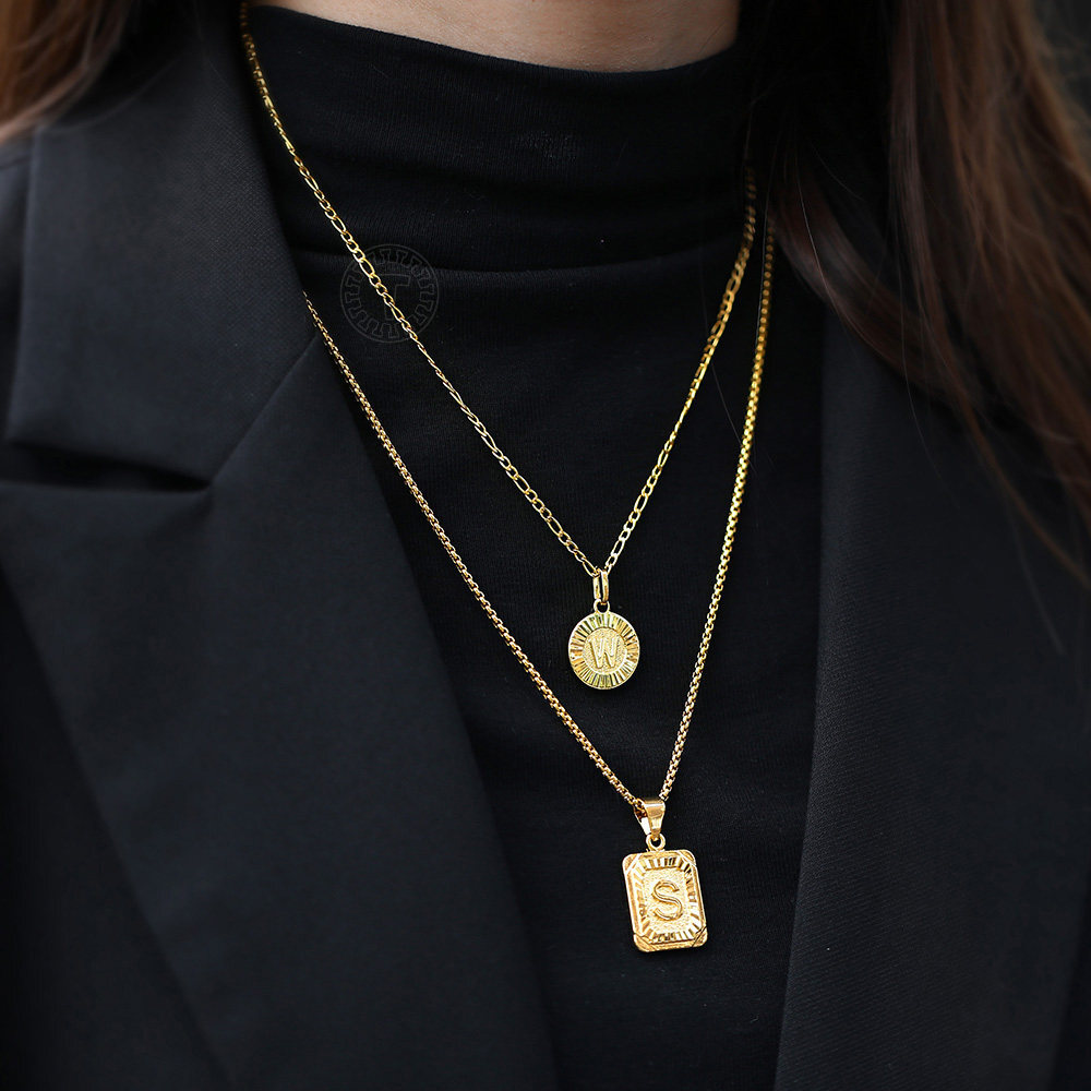18″ New Gold Plated Initial Letter Necklace Pendant Stainless Steel Figaro Chain