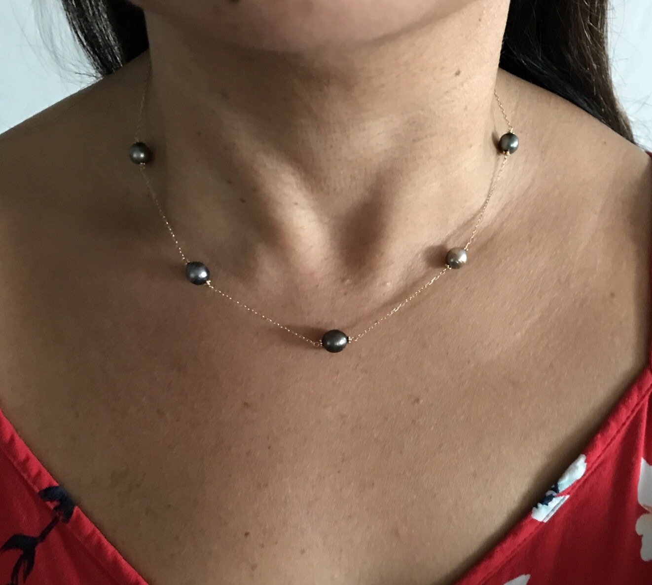 14k Yellow Gold Freshwater Black Gray Pearl Floating Station Necklace Choker 17”