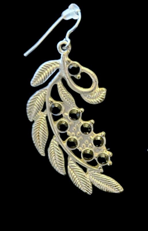 SILVER Branch Leaf Dangle Earring BLACK Stone Accents LIGHTWEIGHT Jewelry