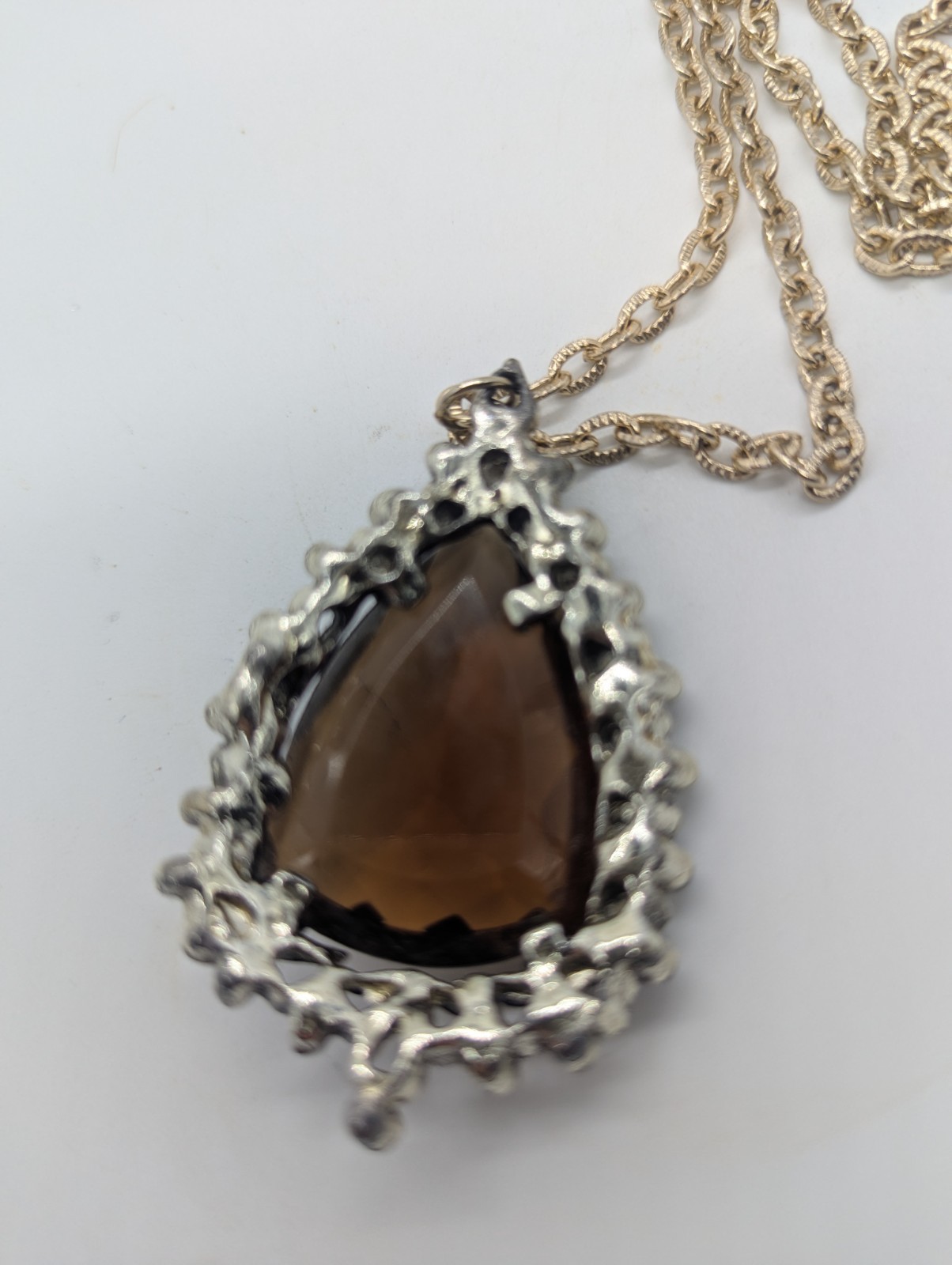Silver Tone Teardrop Pendant Necklace Brown Stone, Bezel Set, Cable Chain