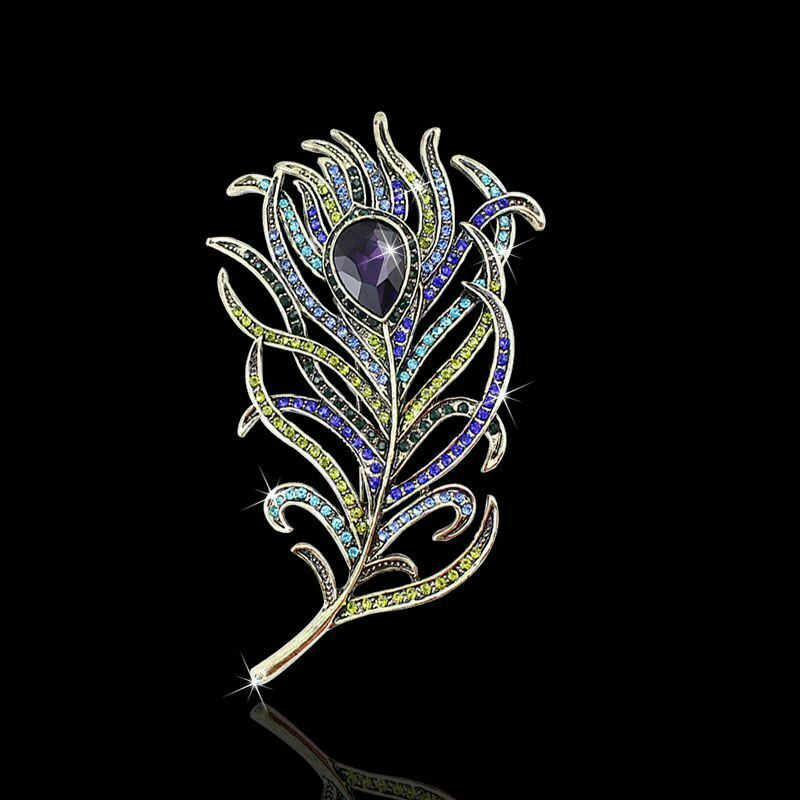Brooch Women Antique Vintage Crystal Pin Jewelry Accesso Feather Rhinestone