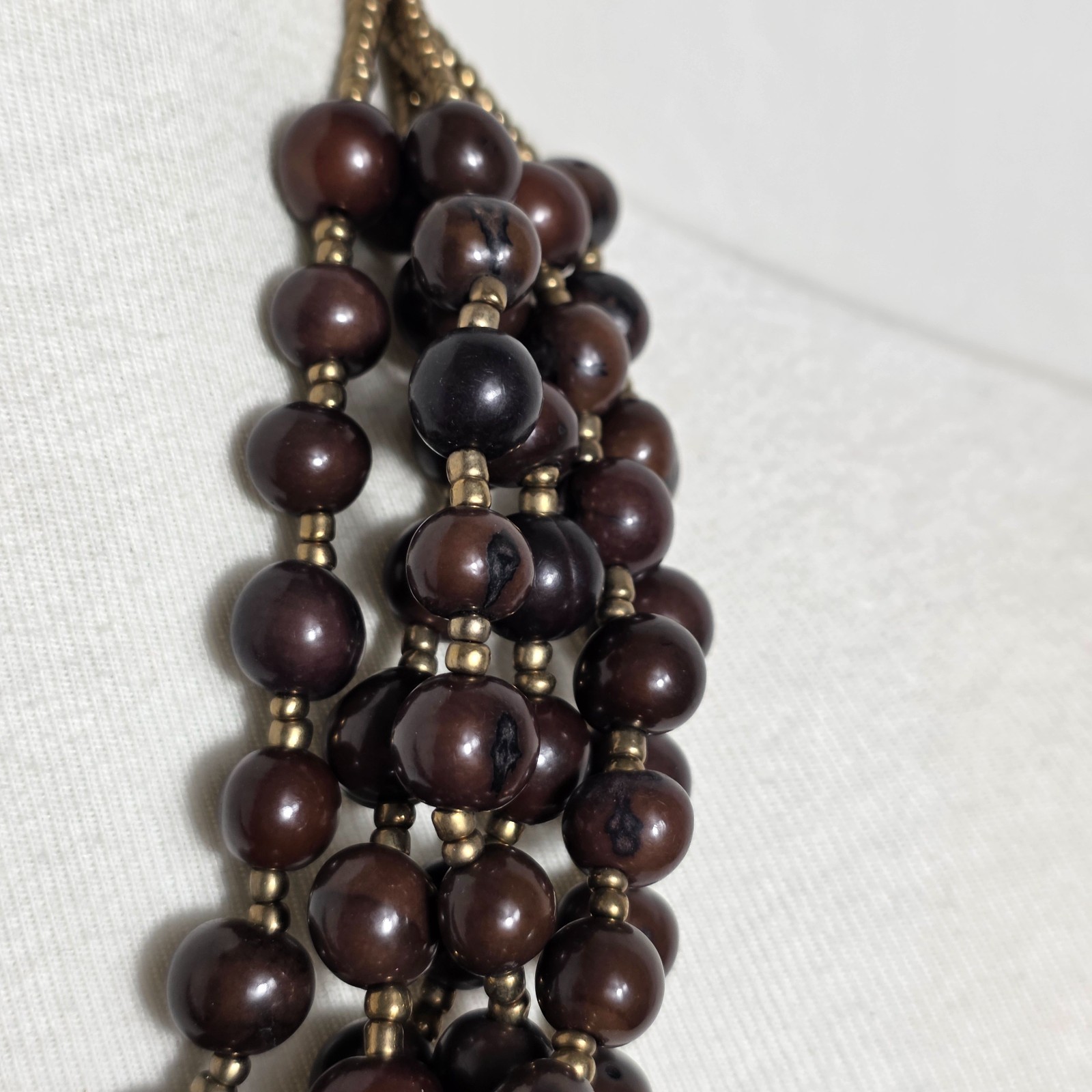 Multi-Strand Brown Acai Seed Bead Necklace with Gold Seed Bead Spacers