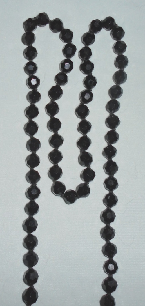 Jet Black Glass Knotted Beaded 36″ Necklace 3/8″ Faceted Beads VTG FREE SHIP