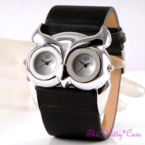 Stunning Designer Black Silver Ladies Owl Bird Multi Dual Dial Twin Time Watch