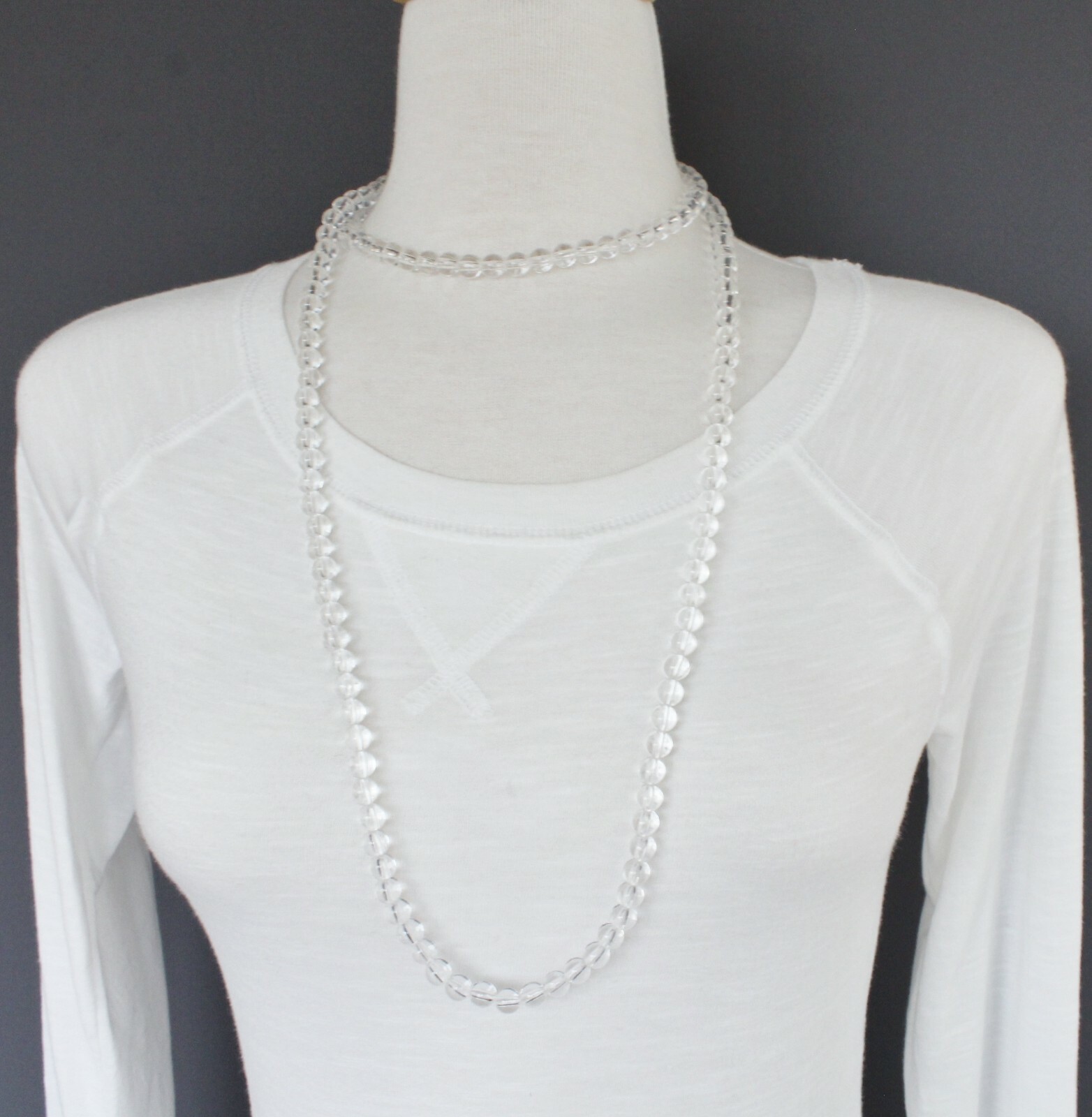 Clear bead long necklace extra long 44″ necklace beaded wrap double look wrapped