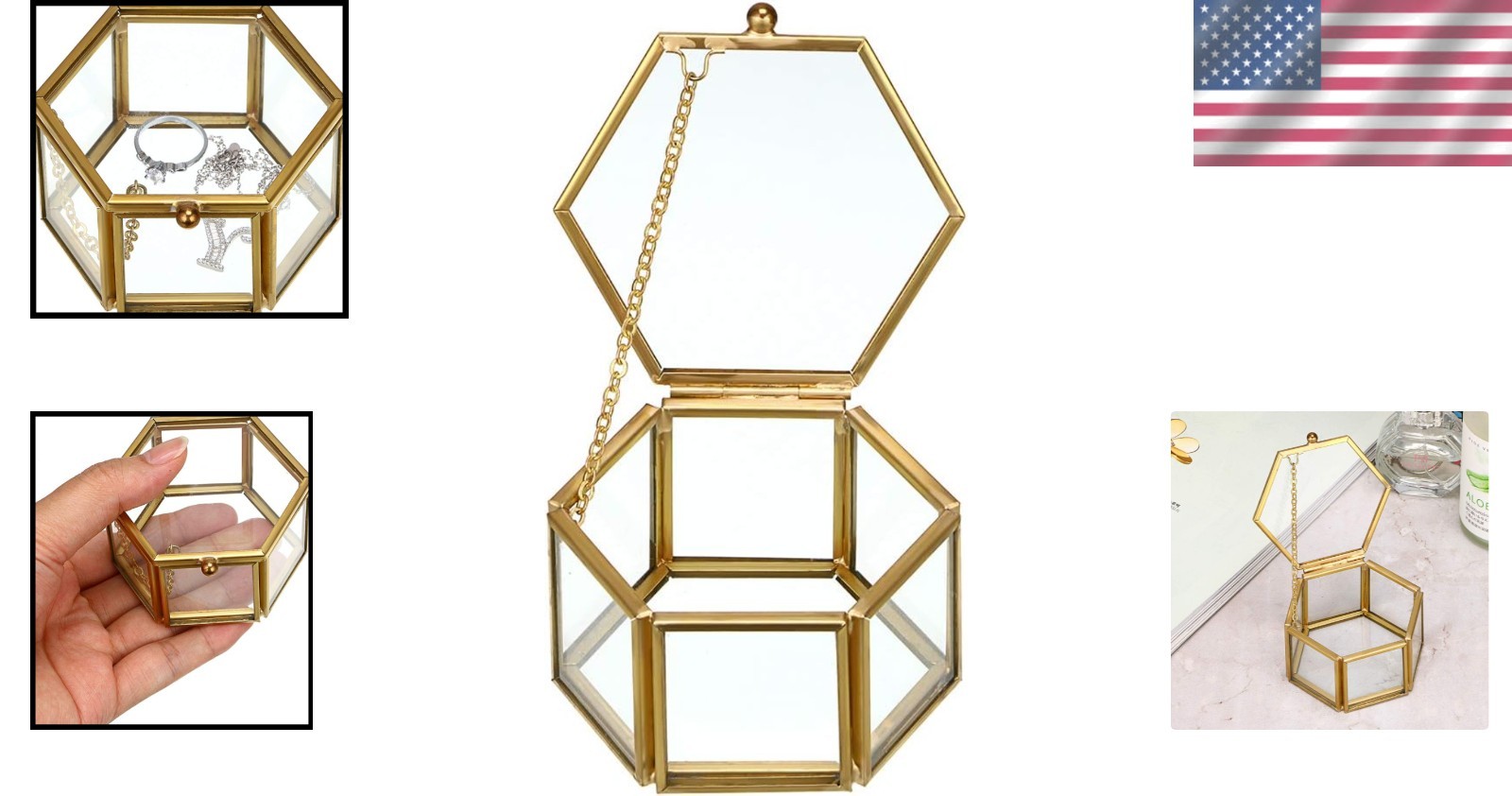 Stylish Vintage Jewelry Box – Gold Glass Keepsake Organizer for Rings & More
