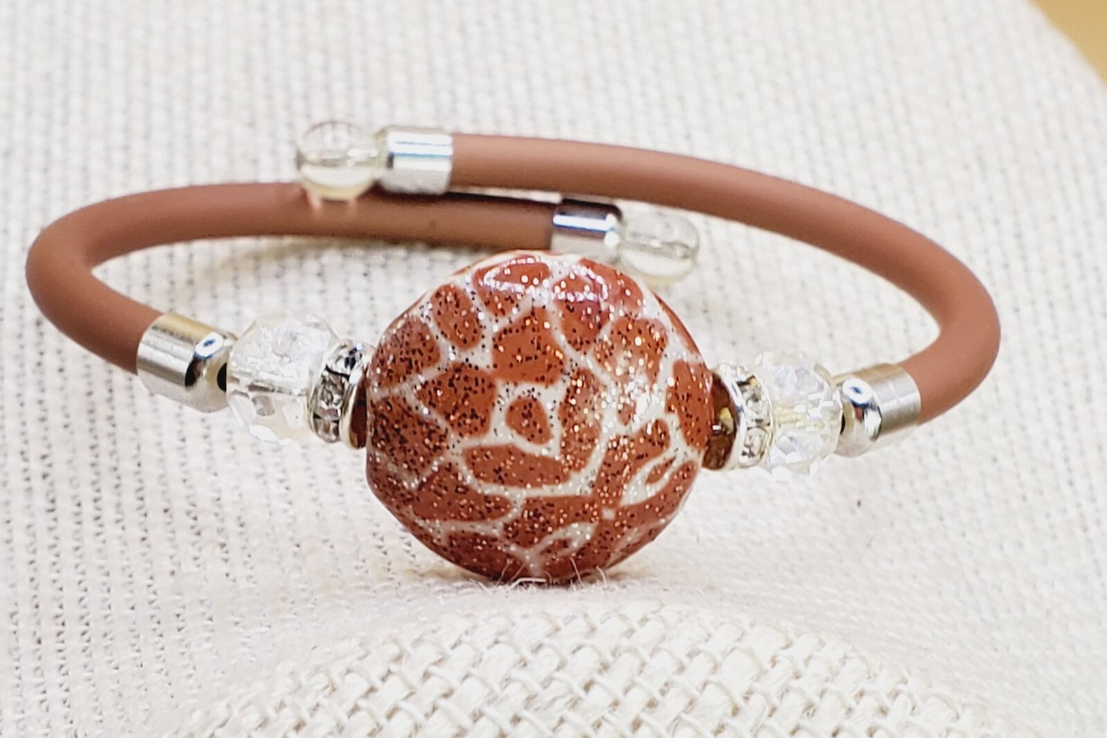 Zebra Look Plastic coated Bead & Clear Crystal Stretch Memory Wire Bracelet