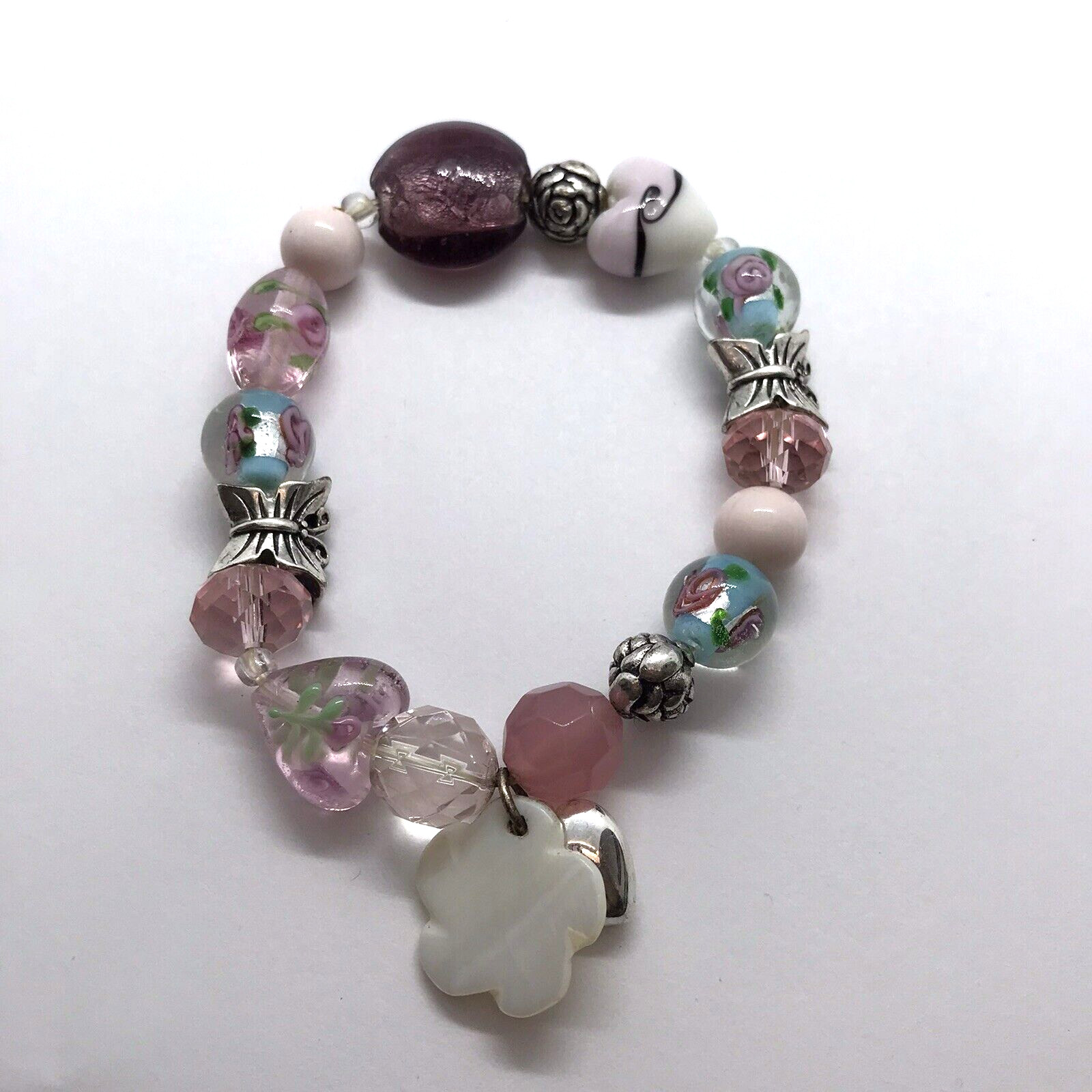 Vintage Art Glass Beaded Stretch Bracelet Lampwork Floral Heart Pink Barbiecore