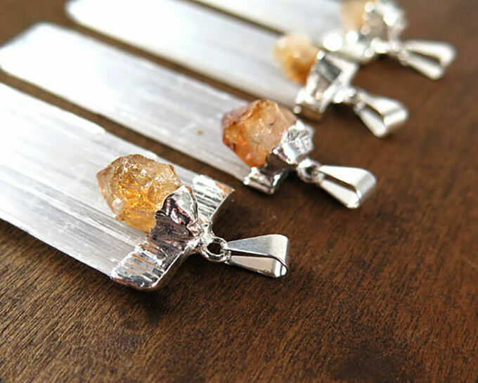 Selenite Citrine Chakra Crystal Pendant CHARGED 925 Sterling Silver Necklace Hea