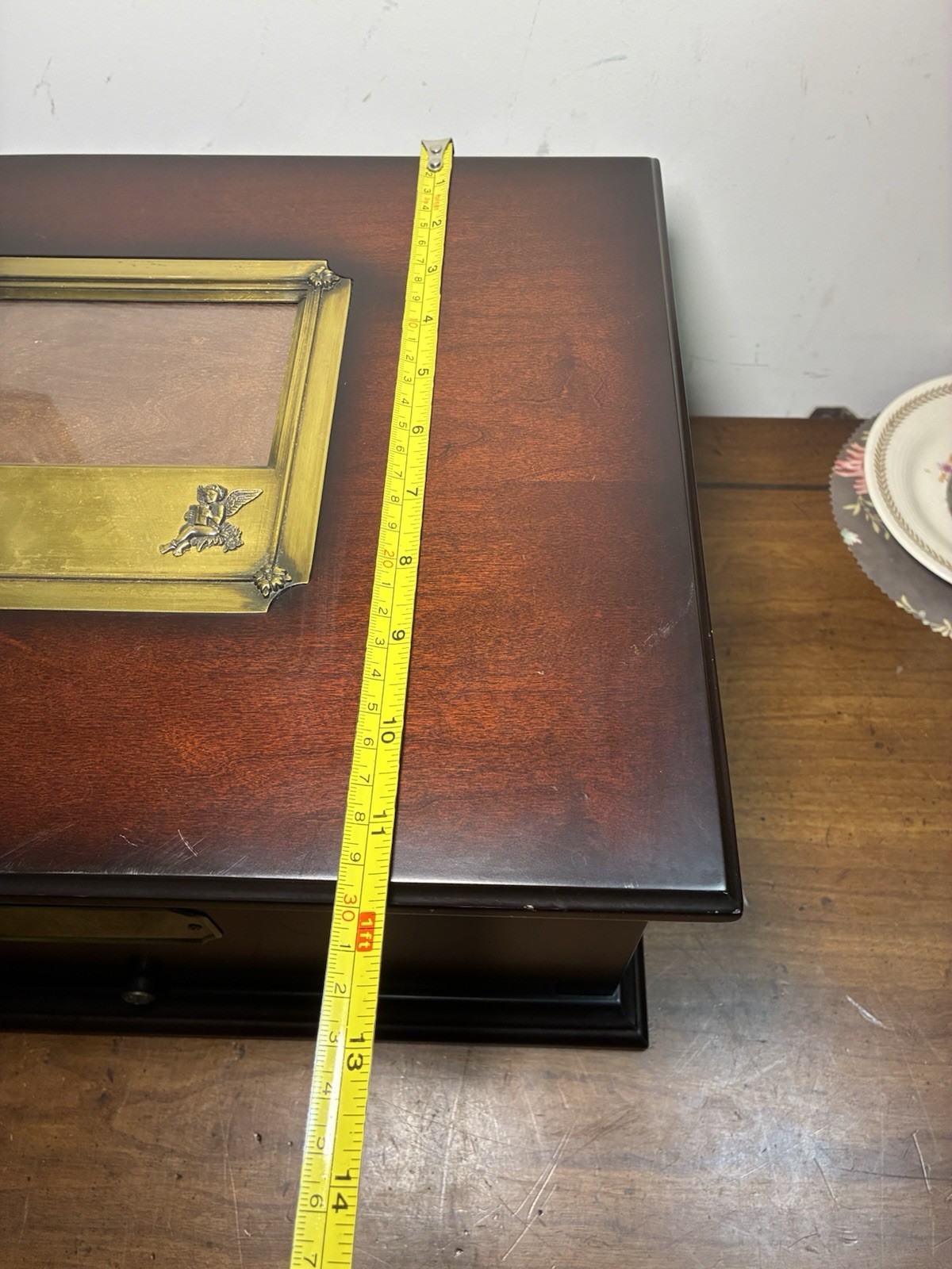 Vintage Bombay Co Large Mahogany Wooden Keepsake Jewelry Box Brass Picture Frame