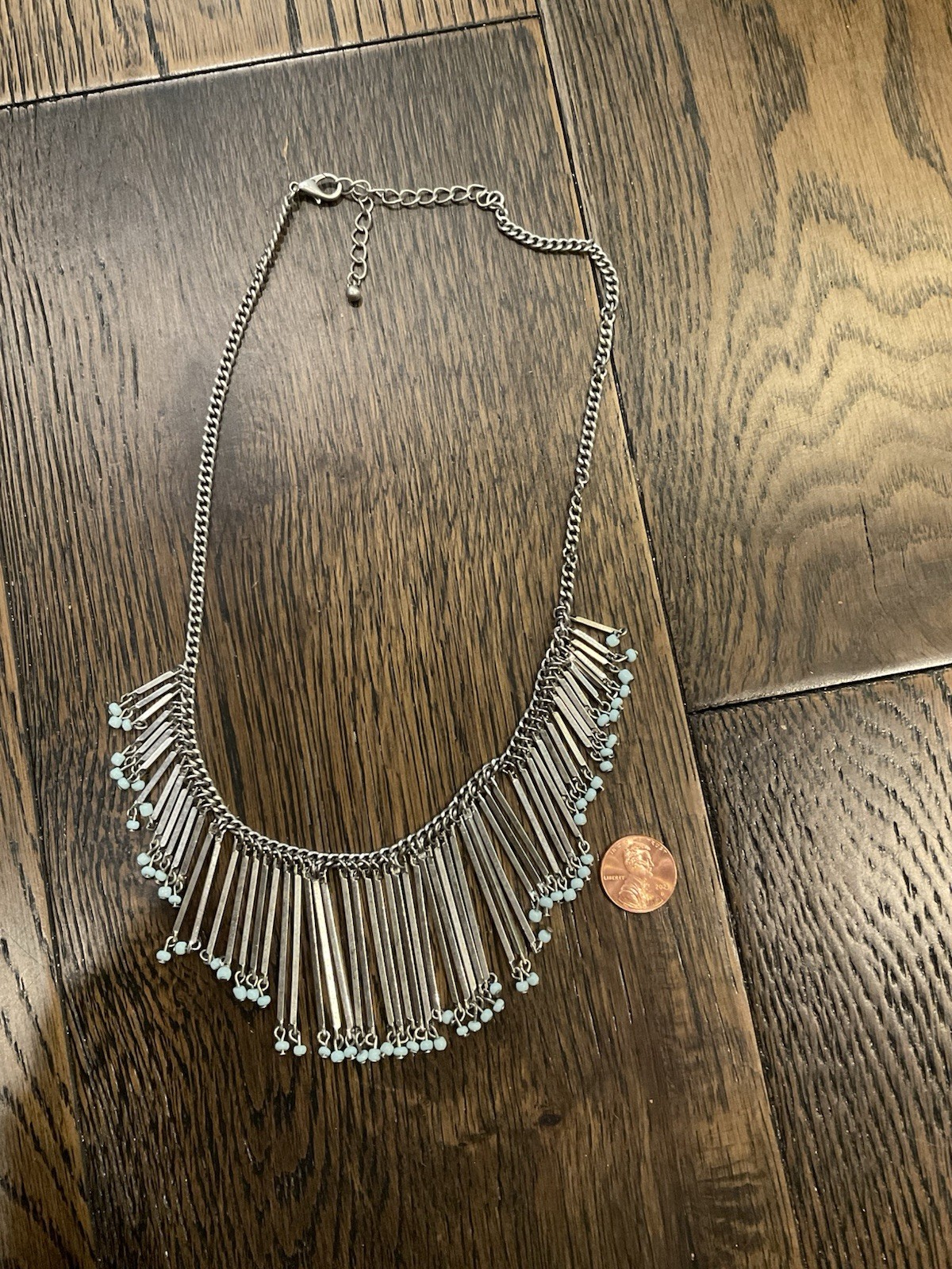 Statement Costume Silver Tone Metal Fringe Waterfall Beads Boho Necklace