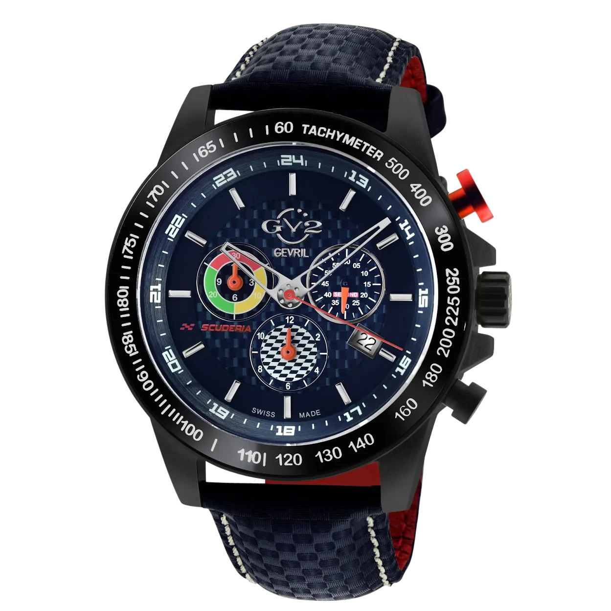 GEVRIL SCUDERIA SWISS MADE ⌚ TACHOMETER SAPPHIRE CRYSTAL CARBON FIBER BLUE ALARM