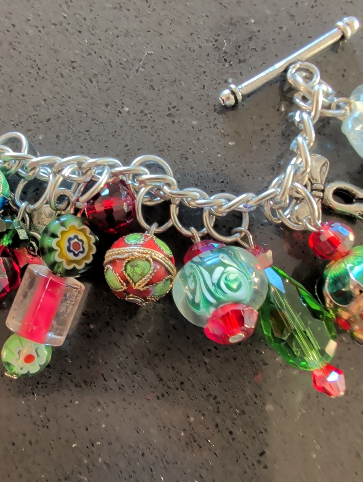 Multicolor Lampwork Art Glass Cloissone Charm Bracelet Silver Tone 7″ Loaded T5