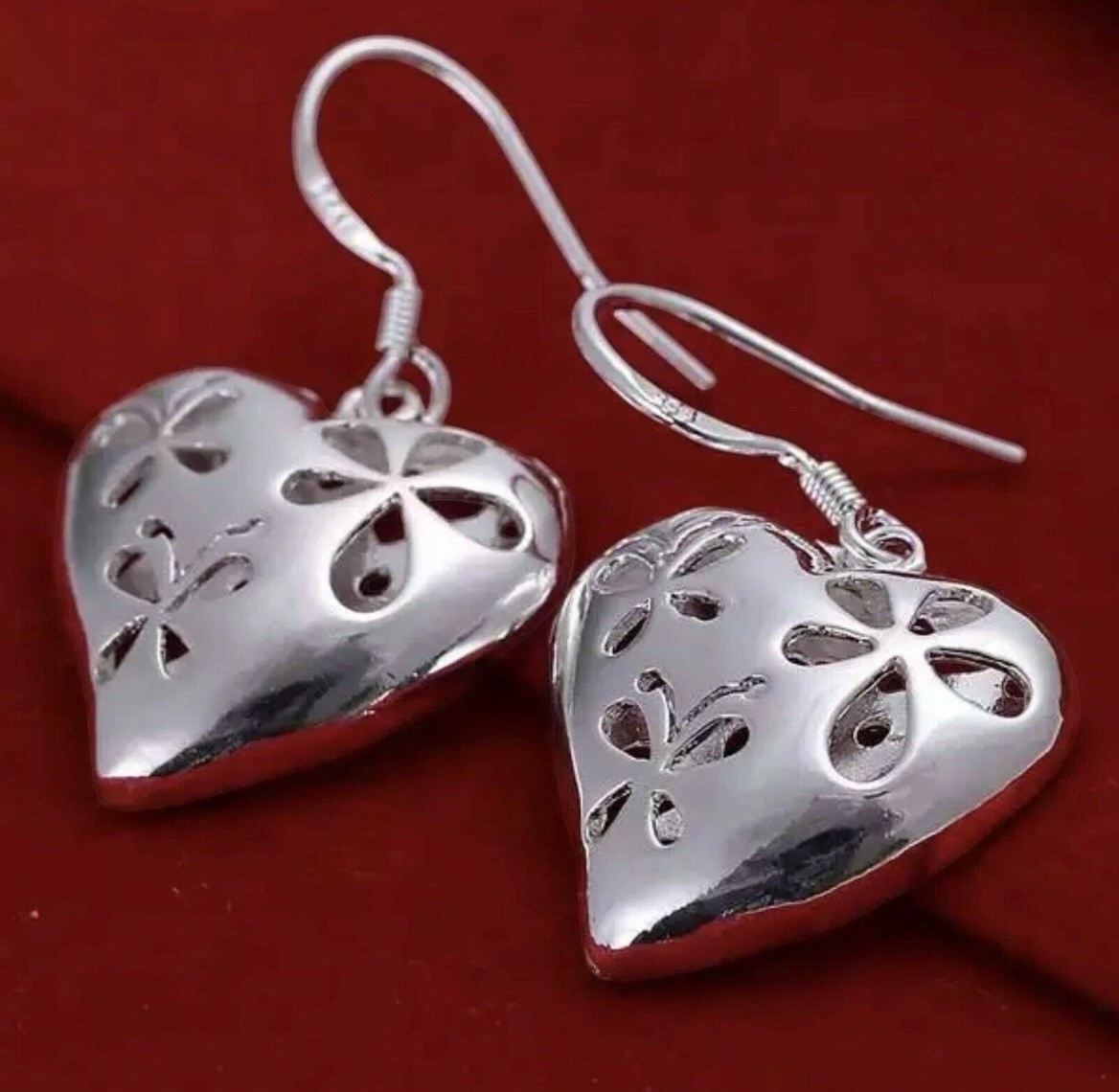 Women’s Silver Plated Heart Filigree Hook Earrings Gift US Seller A13