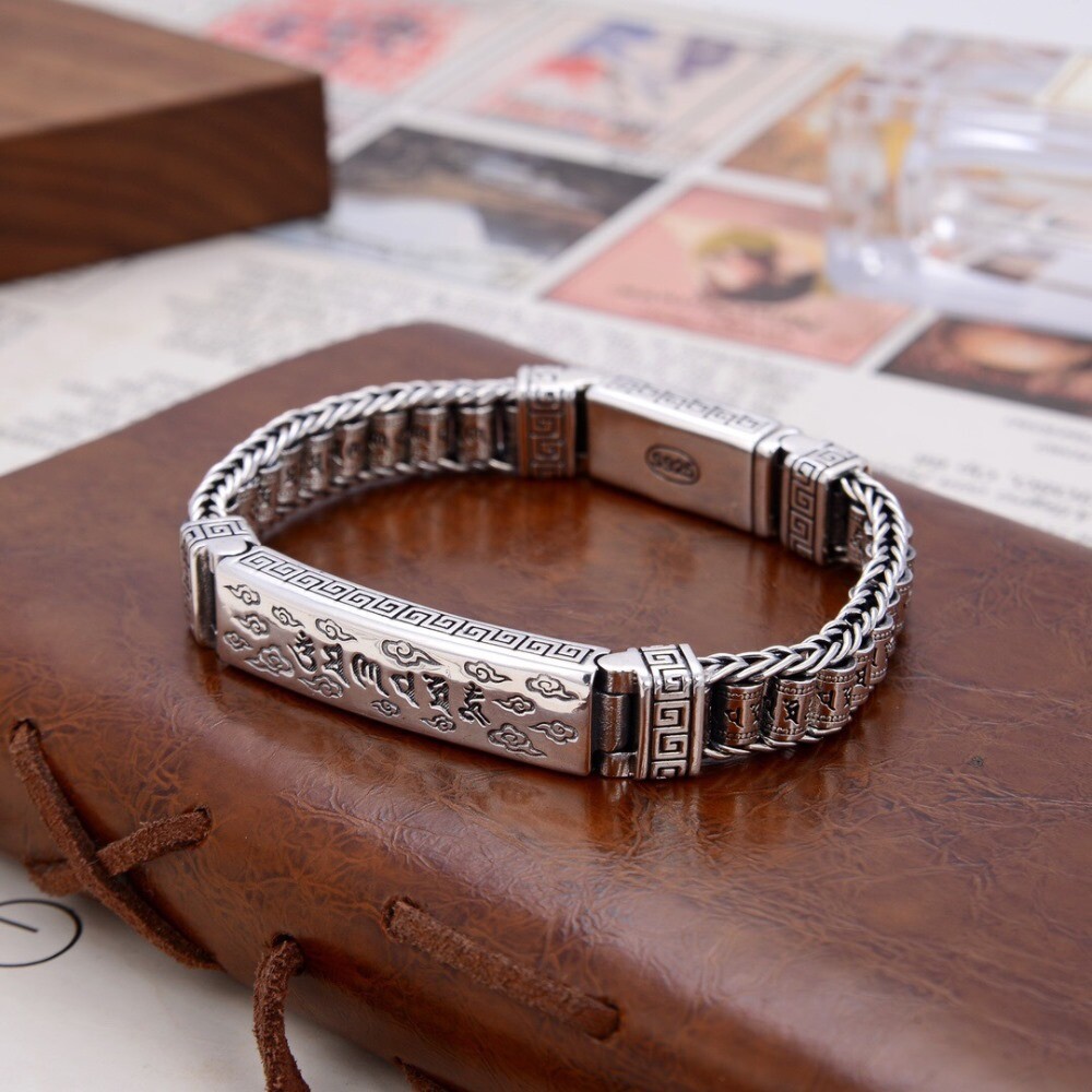 Solid 925 Sterling Silver 10mm Six-word Tube Link Chain Men’s Bracelet 2 Sizes