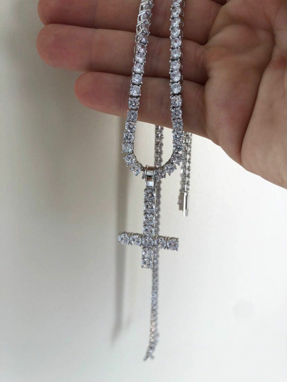 Inverted Cross Upside Down Real Solid 925 Sterling Silver Tennis Chain CZ
