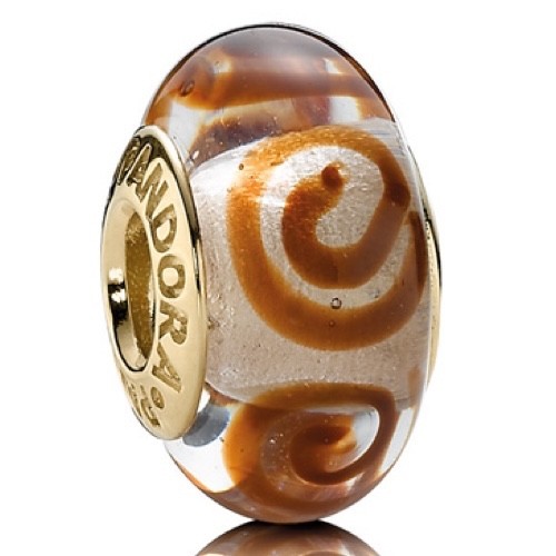 Rare PANDORA 14K Gold Coffee Spirals Charm Murano Glass Bead 750515