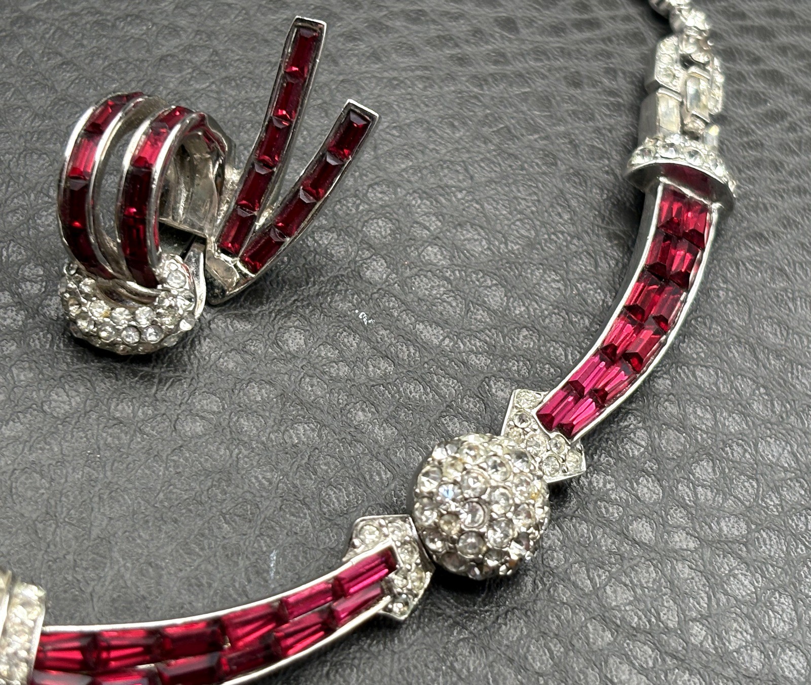 Vintage Boucher 3227 Red Baguette Rhinestone Necklace Clip On Earring Set