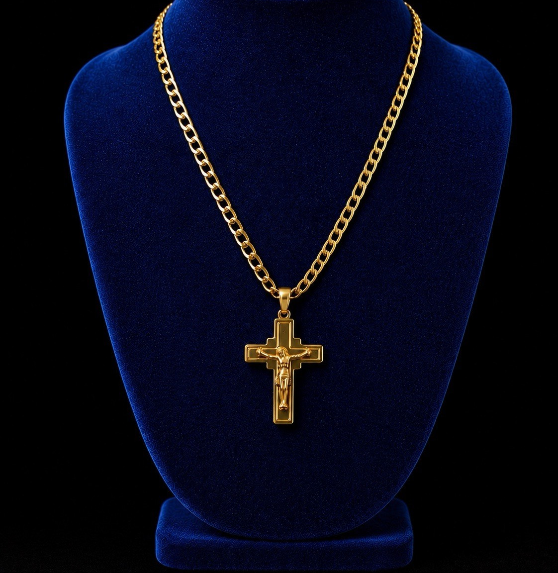 Yellow Gold Plated Cuban Link Chain Cross Charm Pendant Necklace Religious