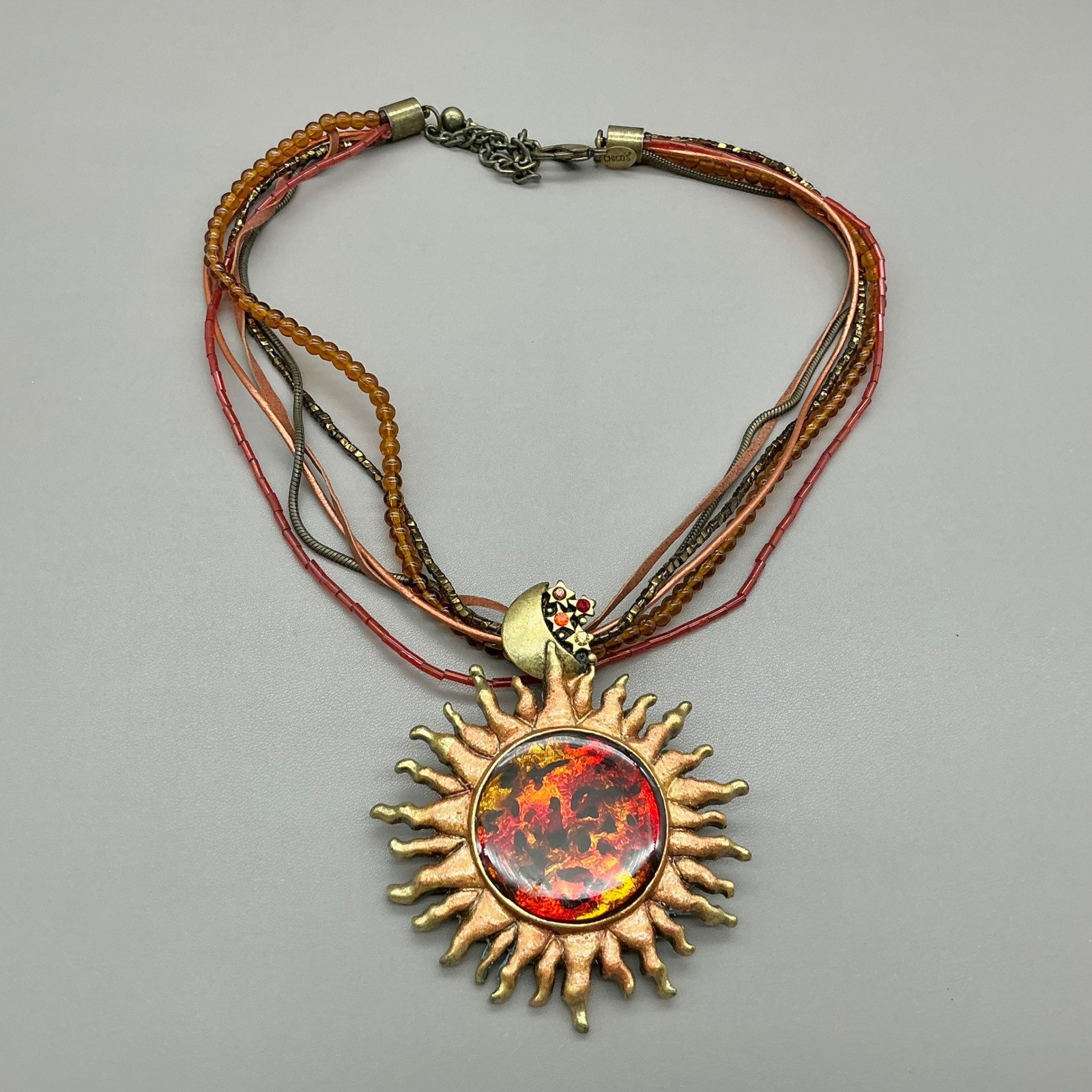 Chico’s Necklace Womens Gold Tone Sun Moon Celestial Multi Strand Beaded 18″