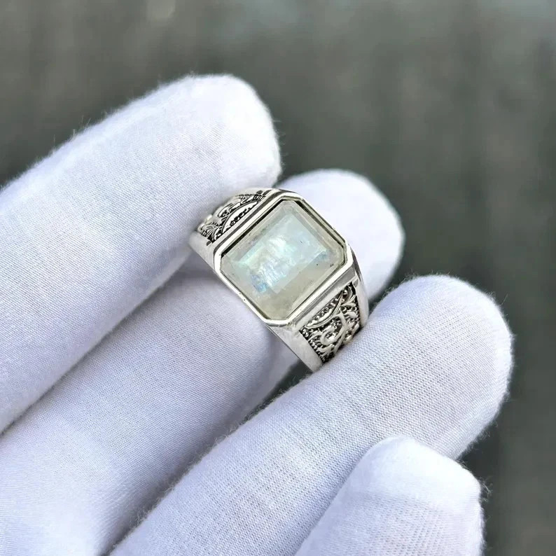 925 Sterling Silver Rainbow Moonstone Ring for Men Handmade Statement Ring