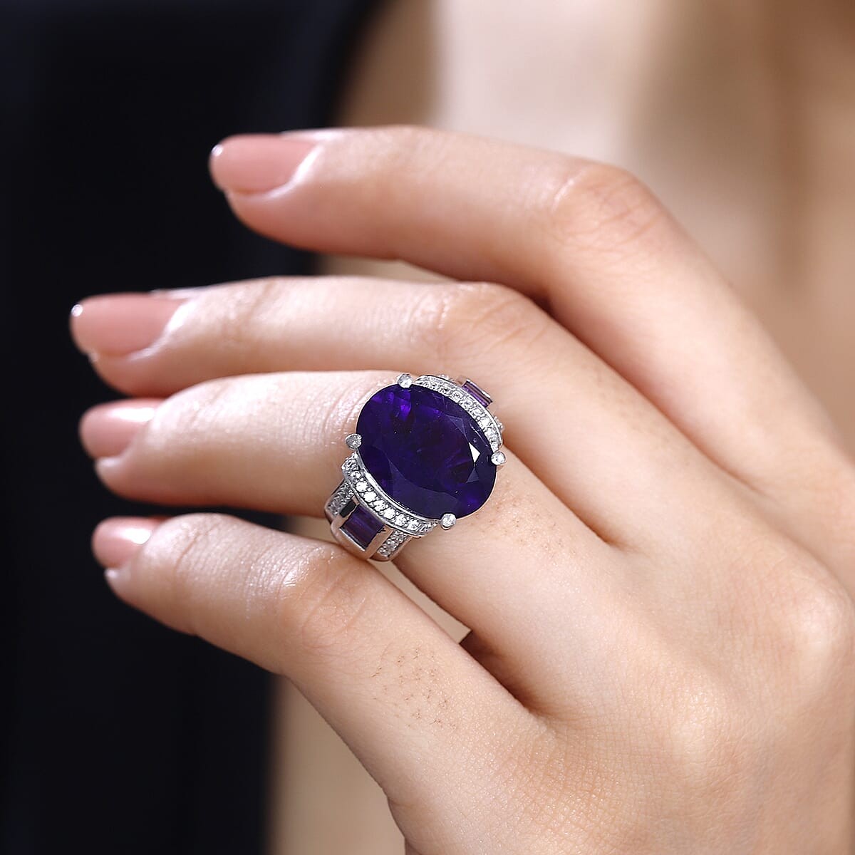 STUNNING!! 10.00ctw African Amethyst & Zircon Ring Rhodium Plated Size 6