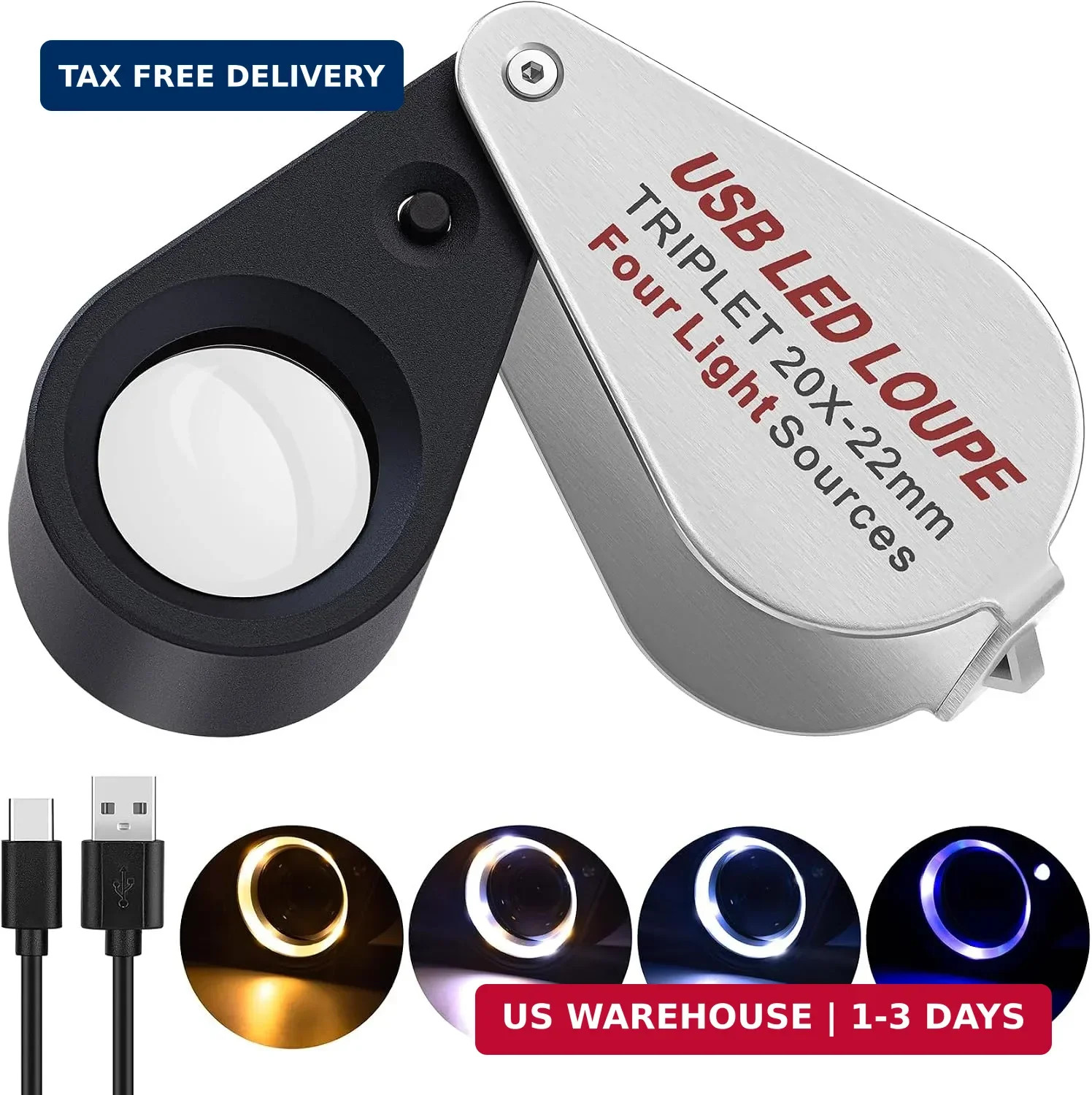 COYLAPY 20X Jewelers Loupe Pocket Magnifier with Led/UV Light | Rechargeable mag