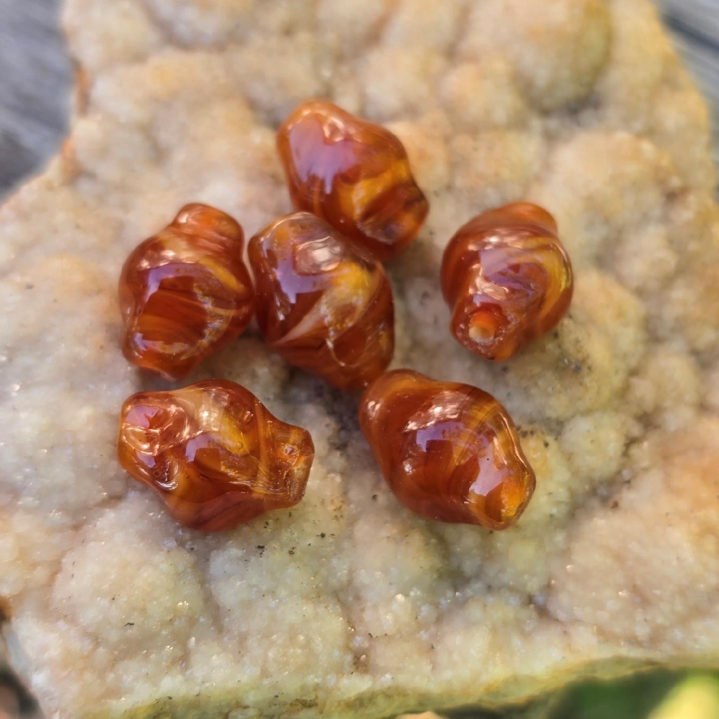 6 Vintage Handmade Lampwork Glass Beads Swirl Caramel Amber Brown Artisan