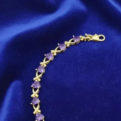 8.68 Ct Trillion Cut Natural Amethyst Tennis Bracelet 14K Solid Yellow Gold