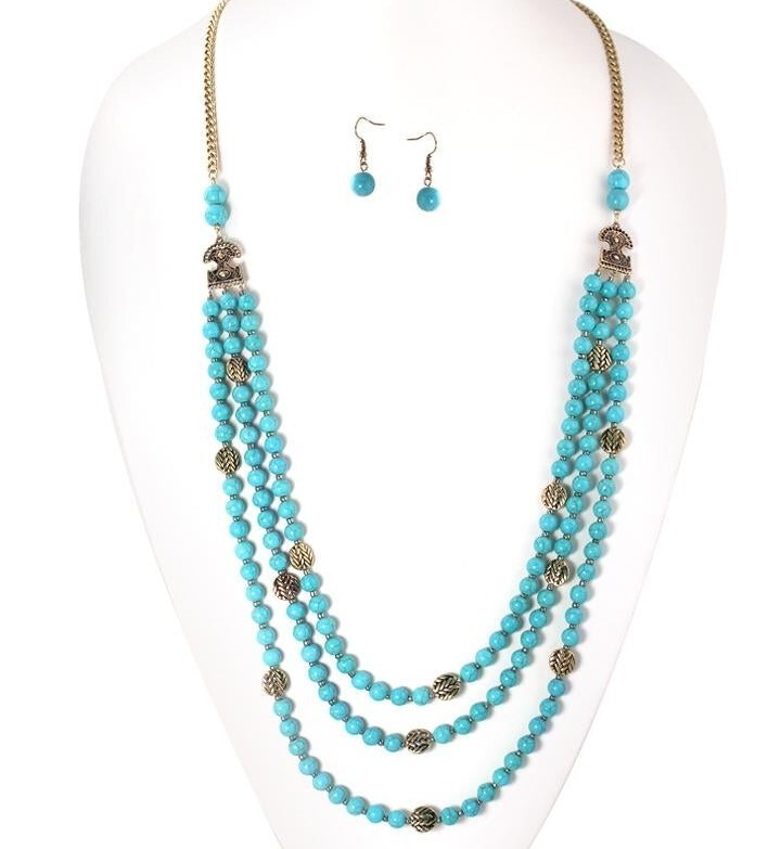 Turquoise Set Earring Necklace 24 Inch Long