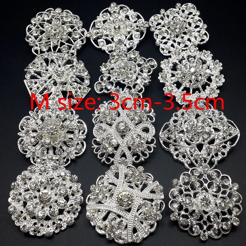 Lot 24 pc Mixed Alloy Sliver Rhinestone Crystal Brooch DIY Wedding Bouquet