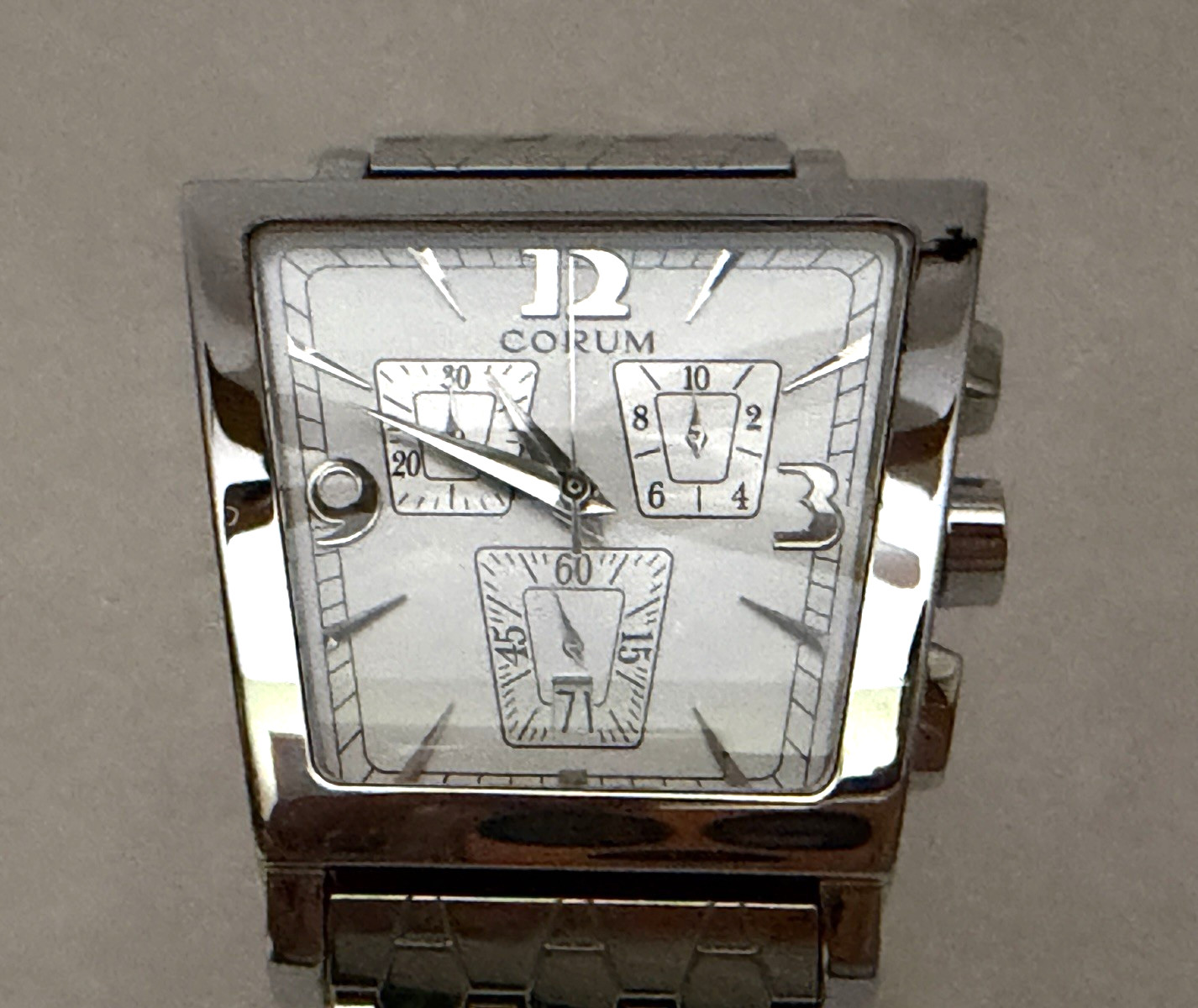 Men’s Corum Trapeze Chronograph 196.404.20 Steel Bracelet Silver Dial