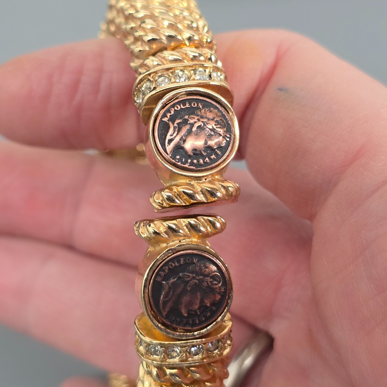 Gold Tone Rhinestone Accents Stretch Bracelet W/ Faux Napoleon Imperium Coins